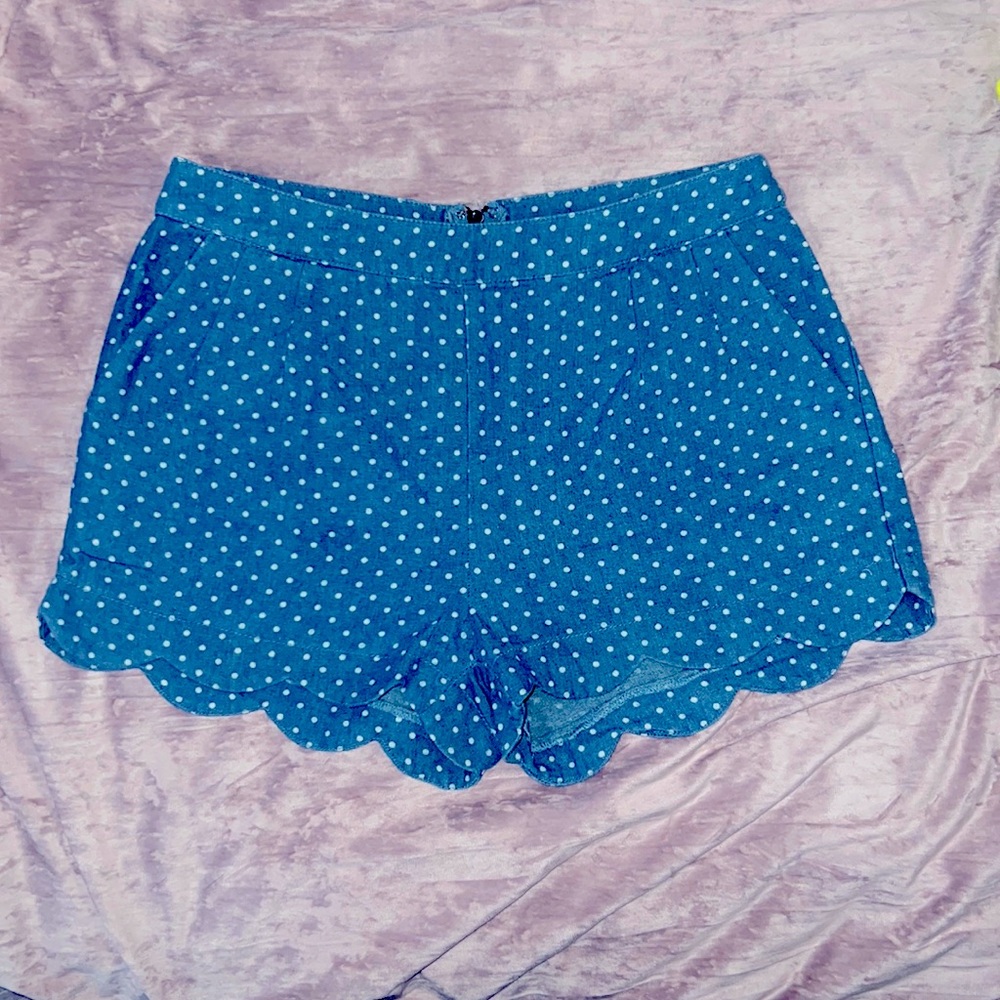 Vintage Polka Dot Denim Shorts With Scalloped Hem